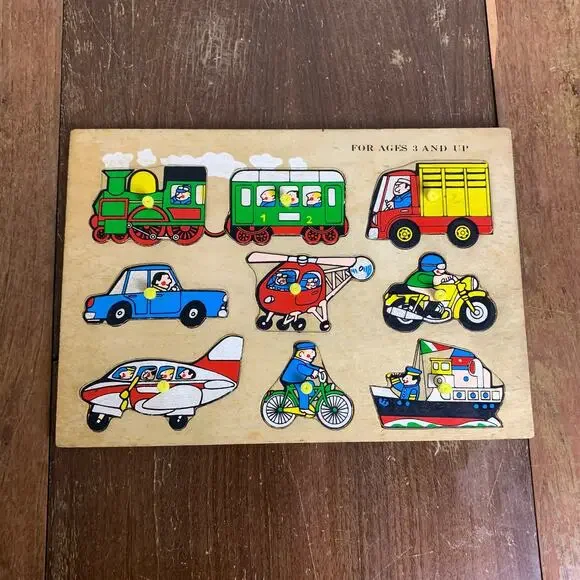 VINTAGE Wood puzzle‎ transportation shaped with peg handles Ages 3 & up