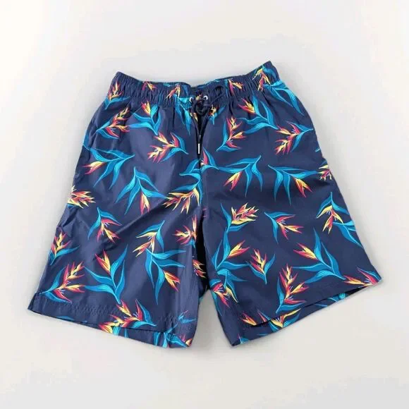 Lands End Swim Trunks Mens S Blue Tropical Floral Lined Drawstring Quick Dry