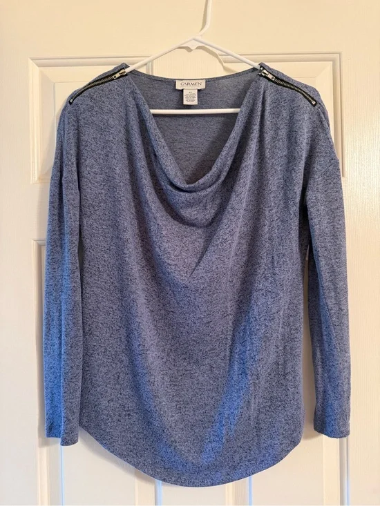 Carmen Marc Valvo Heather Blue Cowl Neck Sweater with Shoulder Zips