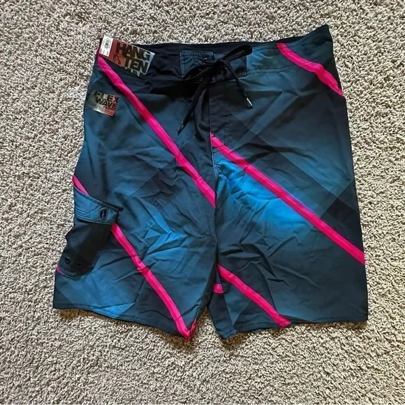 NWT Hang Ten Board Shorts Mens 34 Red Blue and Black Striped Surf Swim Trunks