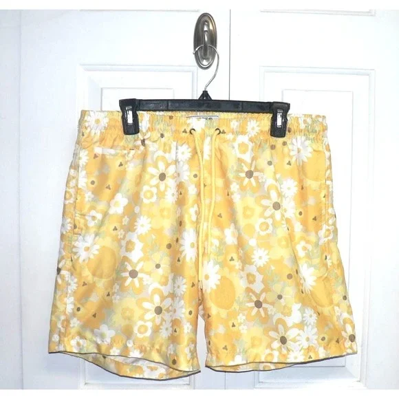 Free Planet Men's Elastic‎ Waist Drawcord Floral Print Swim Trunks Yellow Large