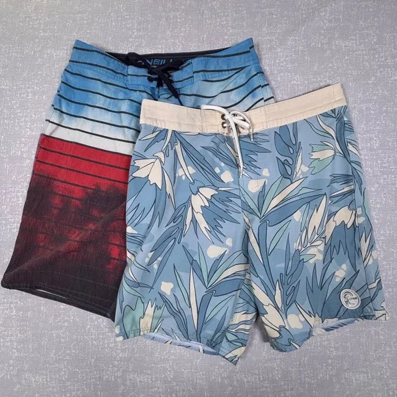 Lot of 2 O'Neill Mens Board Shorts Size 30 Blue Floral & Red Striped Swim Trunks