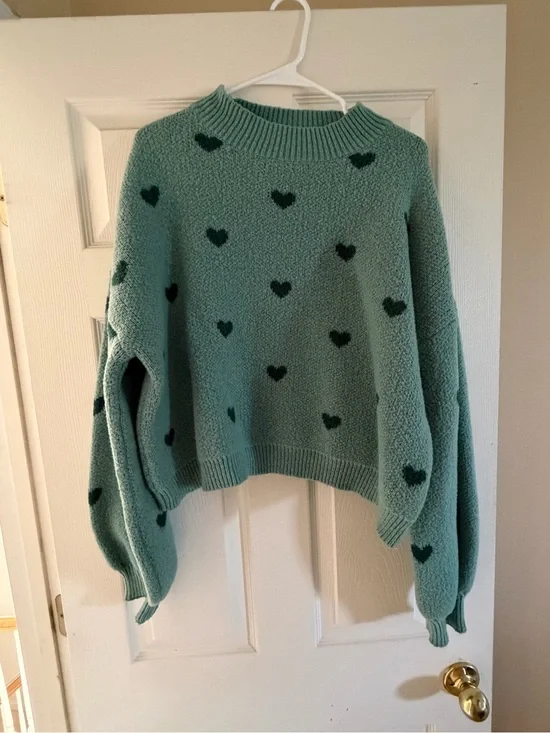 Mint Green Heart-Print Crewneck Sweater