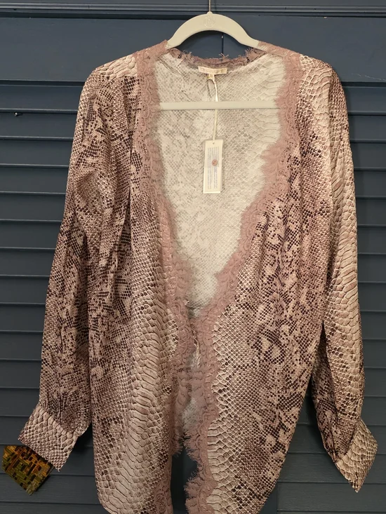 SILK Snake-Print Lace-Trim Open Cardigan in Blush Pink