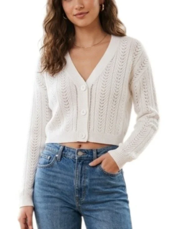 Hollister White Cable Pointelle Crochet Knit Cropped Cardigan Sweater Size XS
