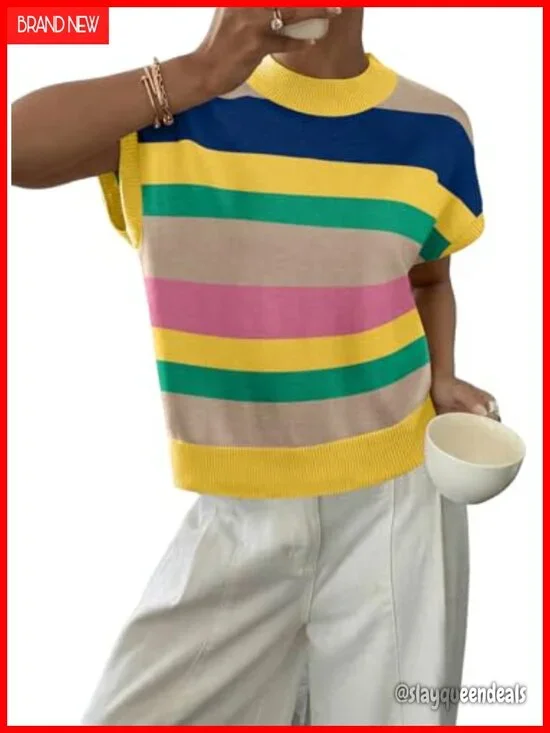 Cap Sleeve Knit Tank Top Crew Neck Pullover Summer Casual Loose Fit Sweater