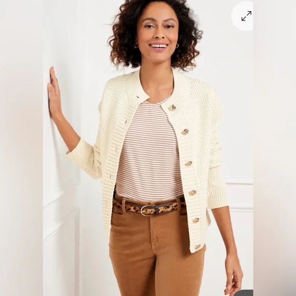 Talbots Textured Mockneck Cardigan | Ivory | Size XL | Button Front Sweater