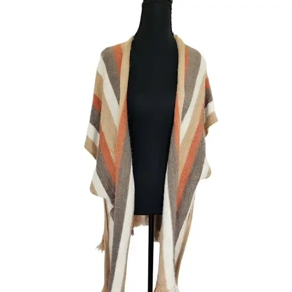 KORI America Womens S/M Striped Eyelash Fringe Boho Kimono Cardigan Sweater