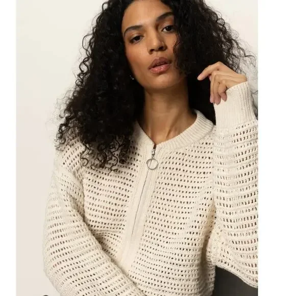NWT Sanctuary Open Knit Bomber Jacket Cardigan Zip Up Cream M