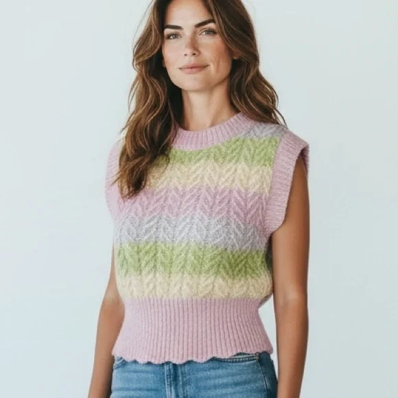 Zara Women's S Sweater Vest Pink Multi Pastel Touch Wool & Alpaca EUC‎