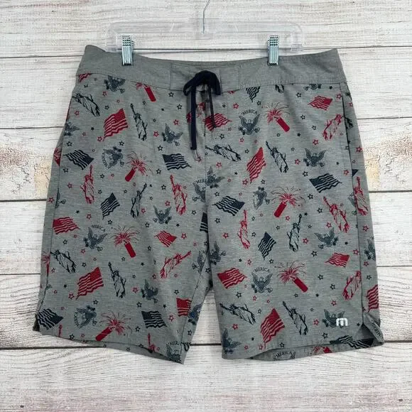 Travis Mathew USA Patriotic Flag Board Shorts Mens 36 Gray‎ Blue Red Beach