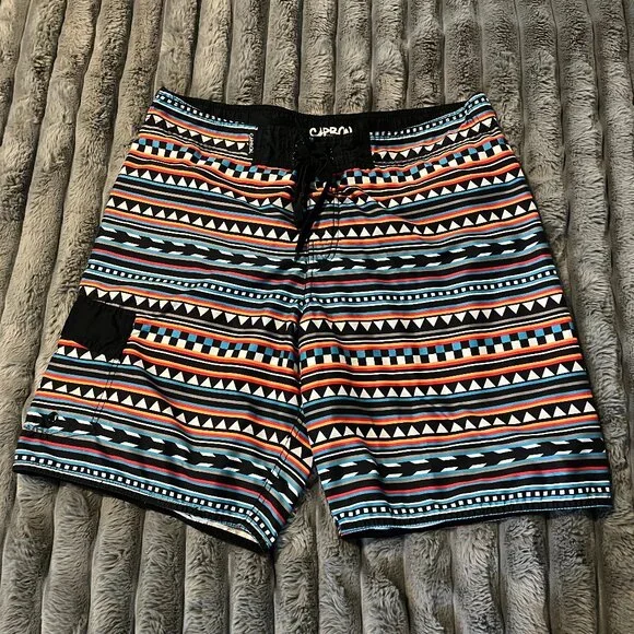 Board Shorts Men's Tribal Aztec Striped Drawstring Lined Swim Trunks Size L