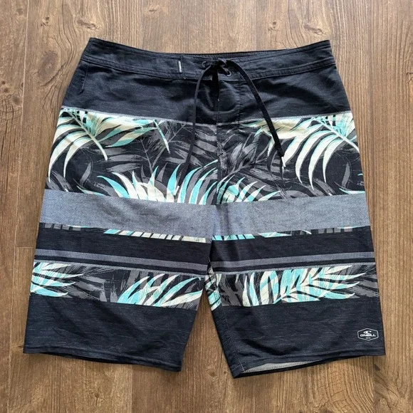 O'Neill Hyperfreak Board Shorts Mens 34 Black Teal Tropical Palm Swim Surf