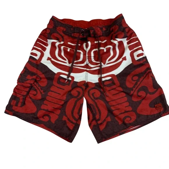 Y2K Quiksilver Mens Tribal‎ Graphic Surf Board Shorts Red Brown Size Small Beach