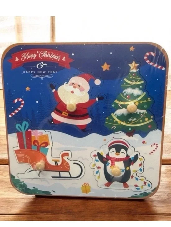6” x 6” Christmas Santa Tree Sleigh Wooden Peg Block Puzzle Kid Holiday Game Toy