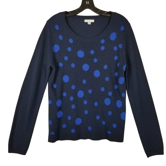 Garnet Hill Womens Navy Blue‎ Polka Dot 100% Wool Crew Neck Sweater Size M