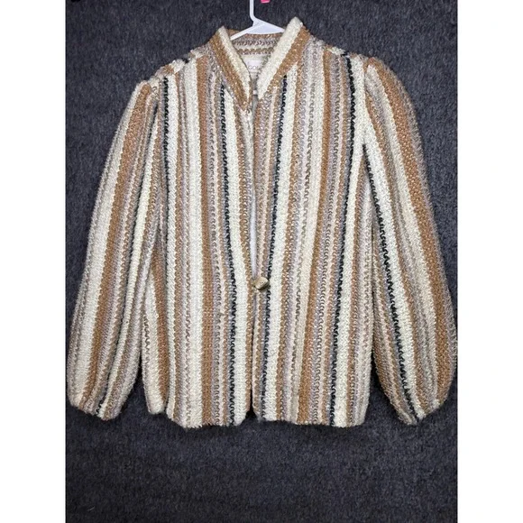70s D.K. Gold Donnkenny Vintage Stripe Boucle Knit Cardigan Jacket Brown Cream