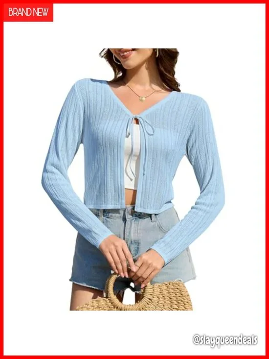 Striped Knit Tie Front Cropped Cardigan Long Sleeve Open Front Crop Top
