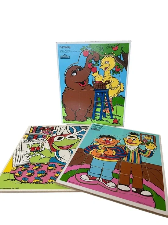 Vintage Playskool Lot Of 3 Sesame Street Wooden Puzzles 2 Muppets Inc 1 Henson