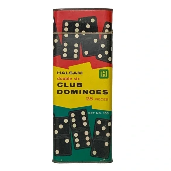Vintage Haslam 1960’s Wood Dominos 28 Pc Original Cardboard Metal Box Set No 100