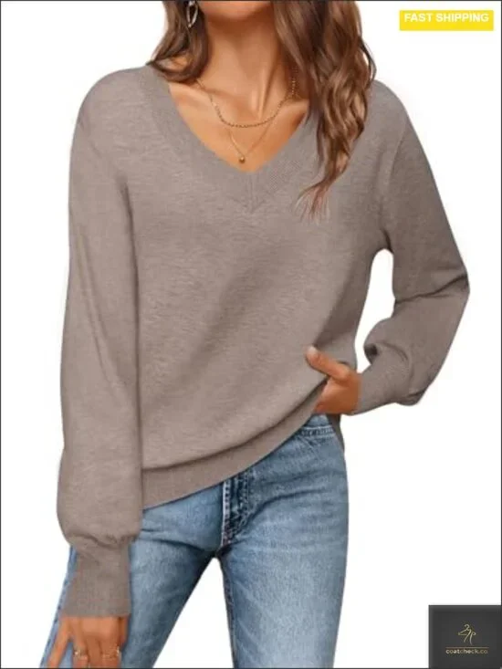 V-Neck Lantern Long Sleeve Lightweight Knit Pullover Sweater Cozy Fall Winter