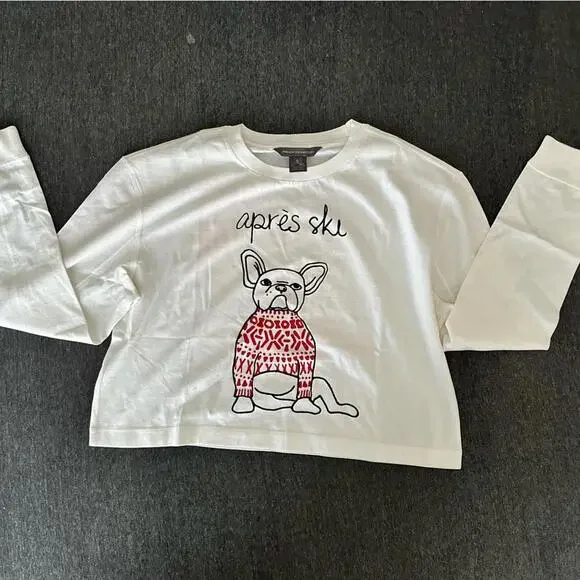 French Connection Women Sz S Apres Ski Frenchie Bulldog Parisian crop jersey