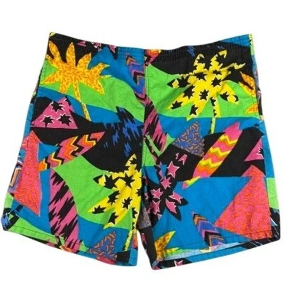 McGregor Swim Shorts Mens‎ L Vintage Neon Geometric Palm Tree Retro Surf Cotton