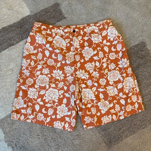 Caribbean‎ Swimwear Mens Orange White Floral Hibiscus Board Shorts Swim Trunks L