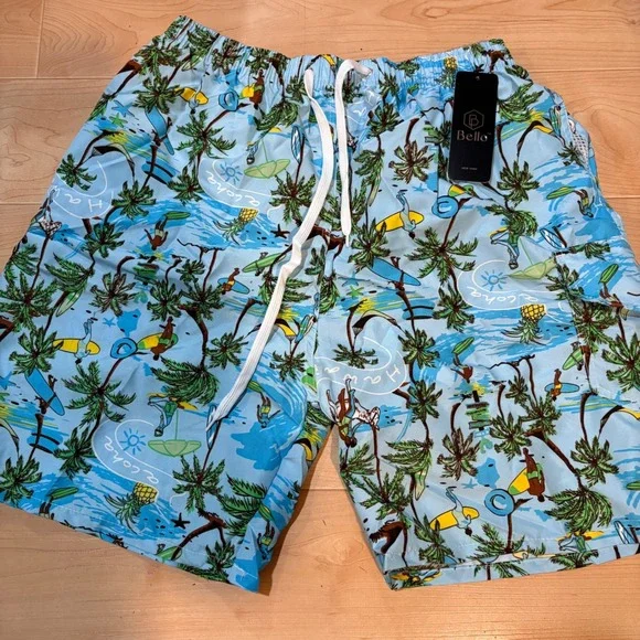 Bello‎  Mens Swim Trunks XL Blue Tropical Aloha Palm Tree Surfing Shorts