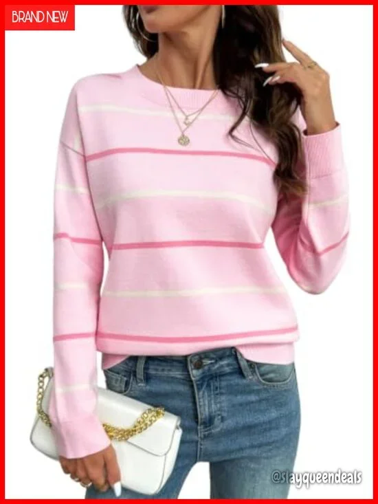 Casual Crew Neck Striped Lightweight Knit Tunic Sweater Pullover