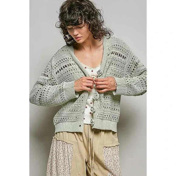 POL‎ Open-Knit Floral Button Cardigan - Medium