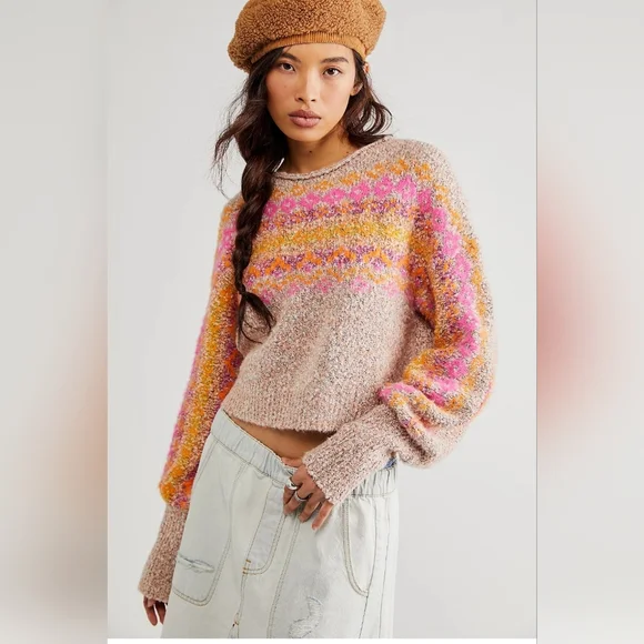 Free People snowflake tan colorblock fuzzy style sweater size‎ large brand new
