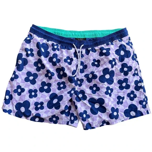 Mens Floral Checkerboard Swim Trunks‎ Purple Blue Board Shorts Drawstring Waist