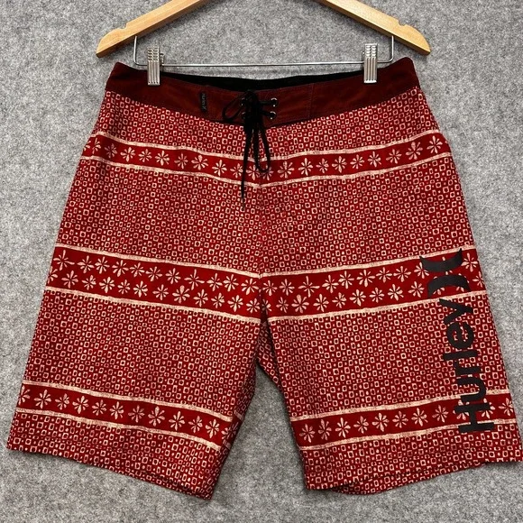 Hurley Boardshorts Mens 31‎ Red Cream Pattern Hurley Leg Logo Y2K Surf Swimwear