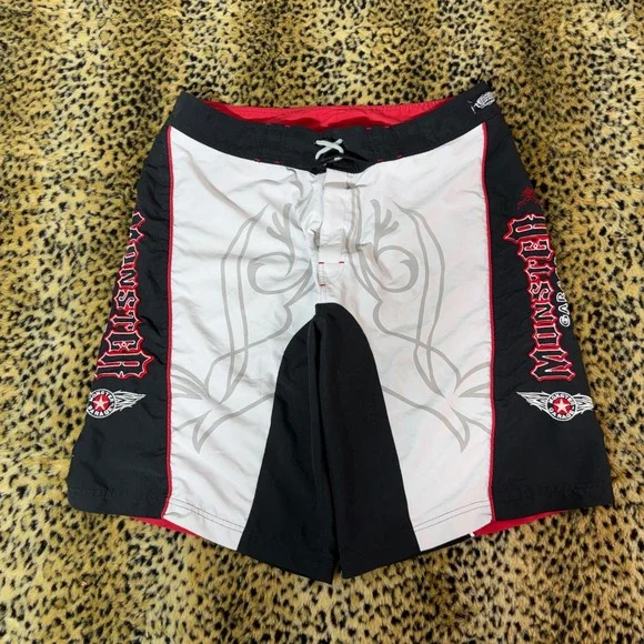 Monster Garage Board Shorts Mens 38 Black Red White Y2K Tribal Swim Trunks 2000s