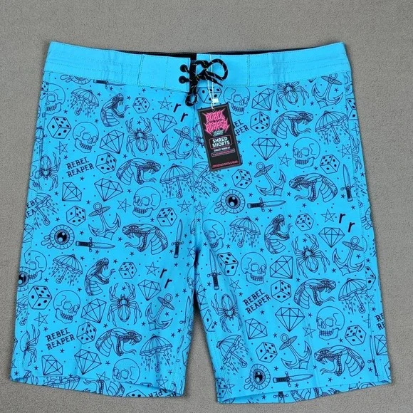 NEW Board Shorts Surf Swim Trunks Men XL Blue Tattoo‎ Biker Pockets Fast Drying