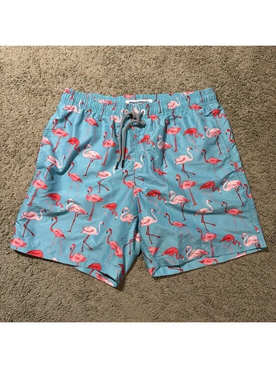Maamgic Men’s Swim Trunks Size M Light Blue Pink Flamingo All Over Print Lined