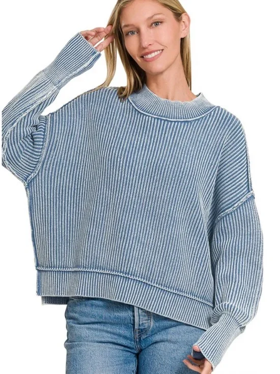 Zenana Large/XL Mock Neck Ribbed Sweater  Dusty Blue Exposed Seams OVERSIZED