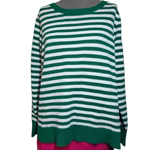 Green and White Striped Cotton Sweater Size Large