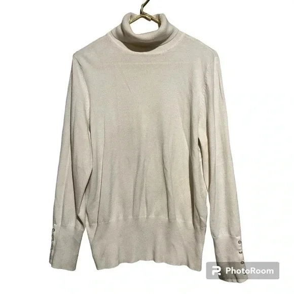 JM Collection Acrylic Blend Button Sleeve Turtleneck Sweater Cream Sz L
