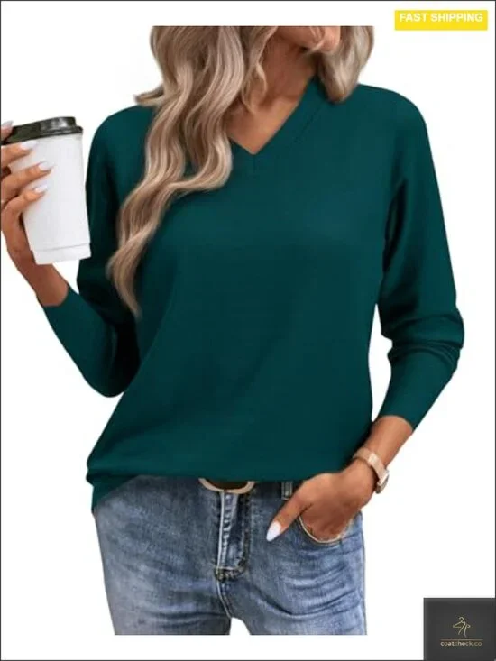 Casual Long Sleeve V Neck Lightweight Pullover Sweater Ribbed Knit