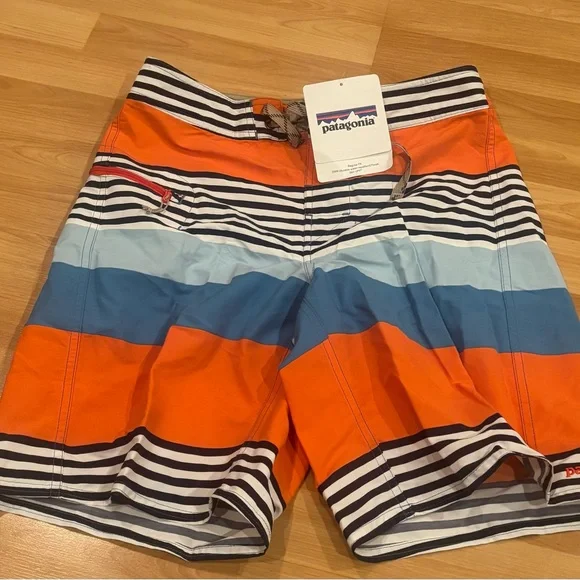 Patagonia Men's Swim Shorts‎ - Orange, Blue, and Black Stripes
