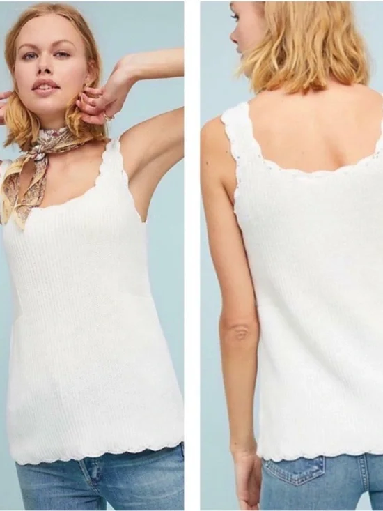 Anthropologie MOTH Women’s Newport-SZ XS- White Scalloped Knit Sweater Tank Top