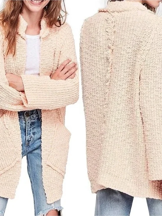 Free People Waterfront Cardigan Open Front Chunky Knit Cozy, Peach Fuzz size S