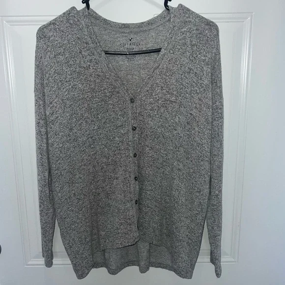 American Eagle Soft Sexy Plush Gray Marled Knit V Neck Button Cardigan Womens XS