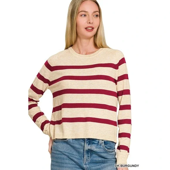 Zenana Lightweight Wool Blend Striped‎ Round Neck Sweater - Medium