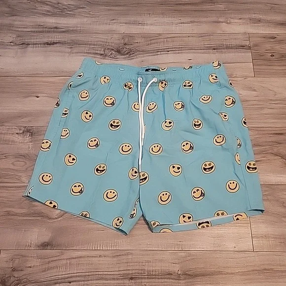 Hollister Stretch Swim Trunks Board Shorts Mens Large Blue‎ Smiley Face