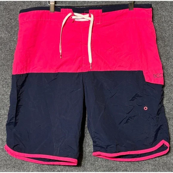 Body‎ Glove Mens XL/36 Lined Swim Trunks Pink Navy Colorblock Lace Up Pocket
