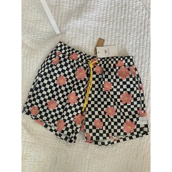 Skwosh Sunny Boy Swim Trunks‎ Mens Medium Checkered Floral SKA112 Multicolor NEW