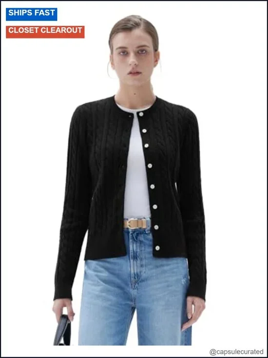 Women Cable Knit Cashmere Blend Sweaters Crew Neck Button Chunky Cardigan Long